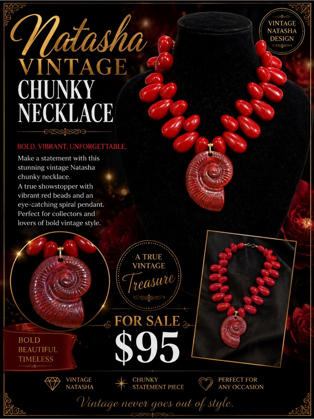 Natasha Couture Bold Red Chunky Beaded Necklace with Spiral Pendant